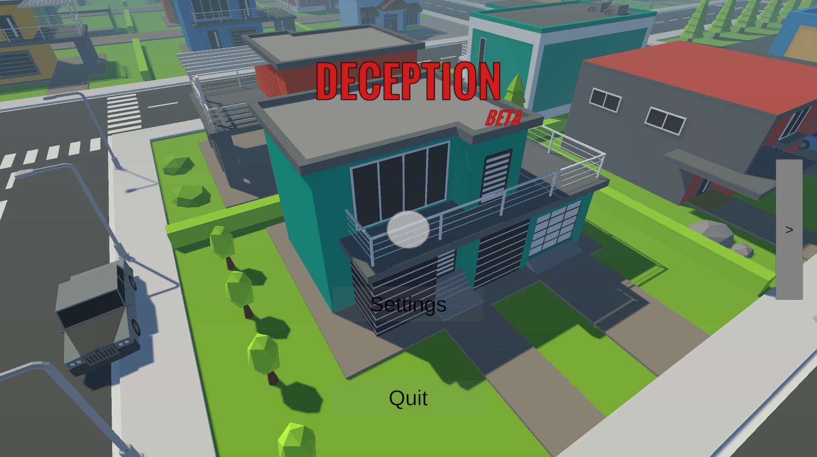 Deception main menu over a stylised suburban town